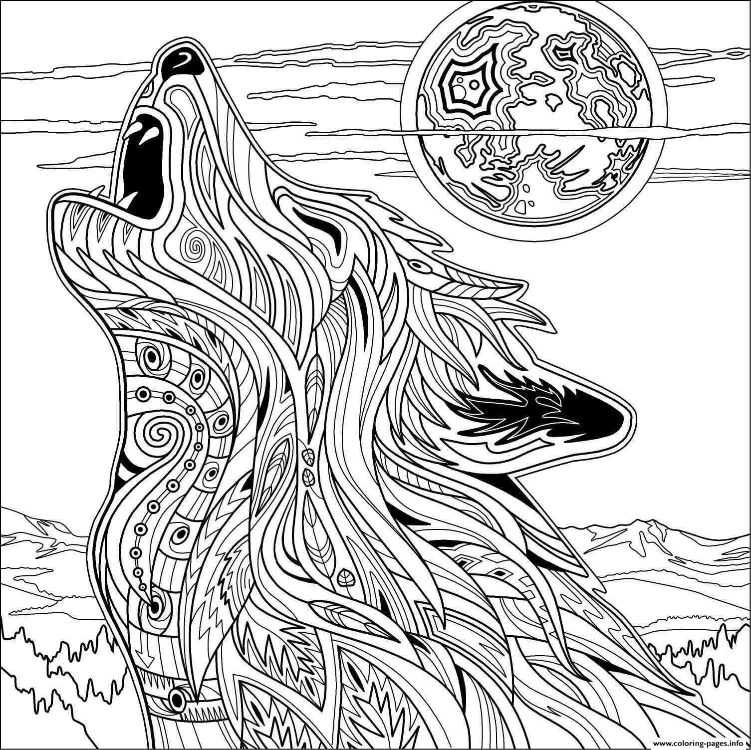 Dibujo de Mandalas Cara Lobo Aullando para Colorear