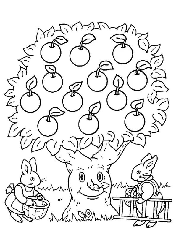 Dibujo de Manzano y Dos Conejos para Colorear