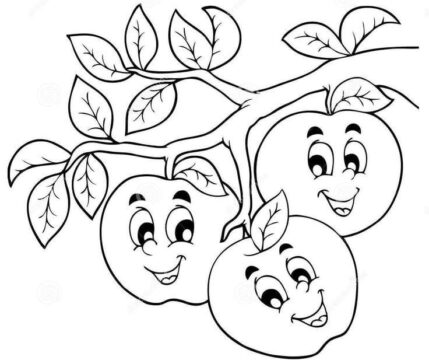 Dibujo de Tres Manzanas de Dibujos Animados en el árbol para Colorear