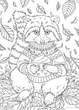 Dibujo de Pastel de Tenencia de Mapache con Hoja para Colorear