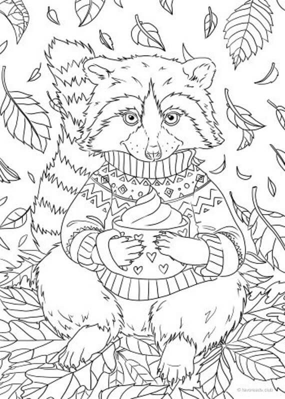 Dibujo de Pastel de Tenencia de Mapache con Hoja para Colorear