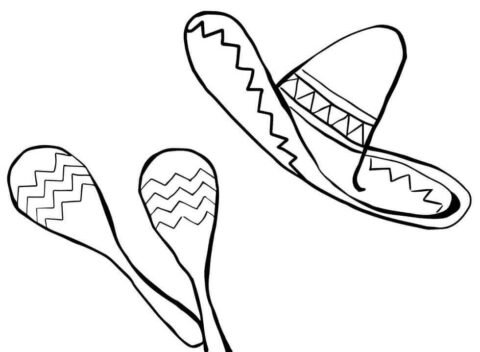 Dibujo de Maracas y Sombrero Mexicano para Colorear