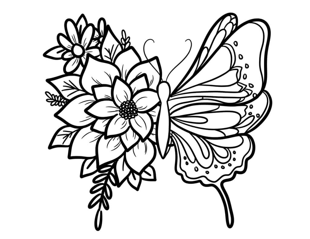 Dibujo de Mariposa con Flor para Colorear