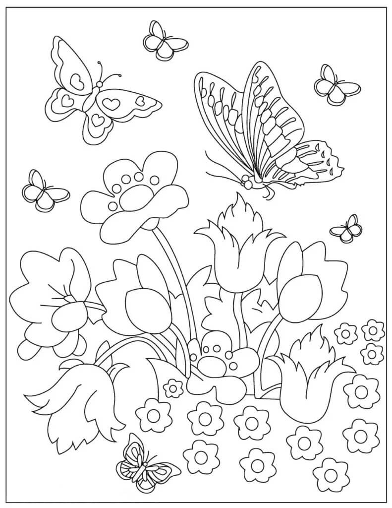 Dibujo de Mariposas y Flores para Colorear