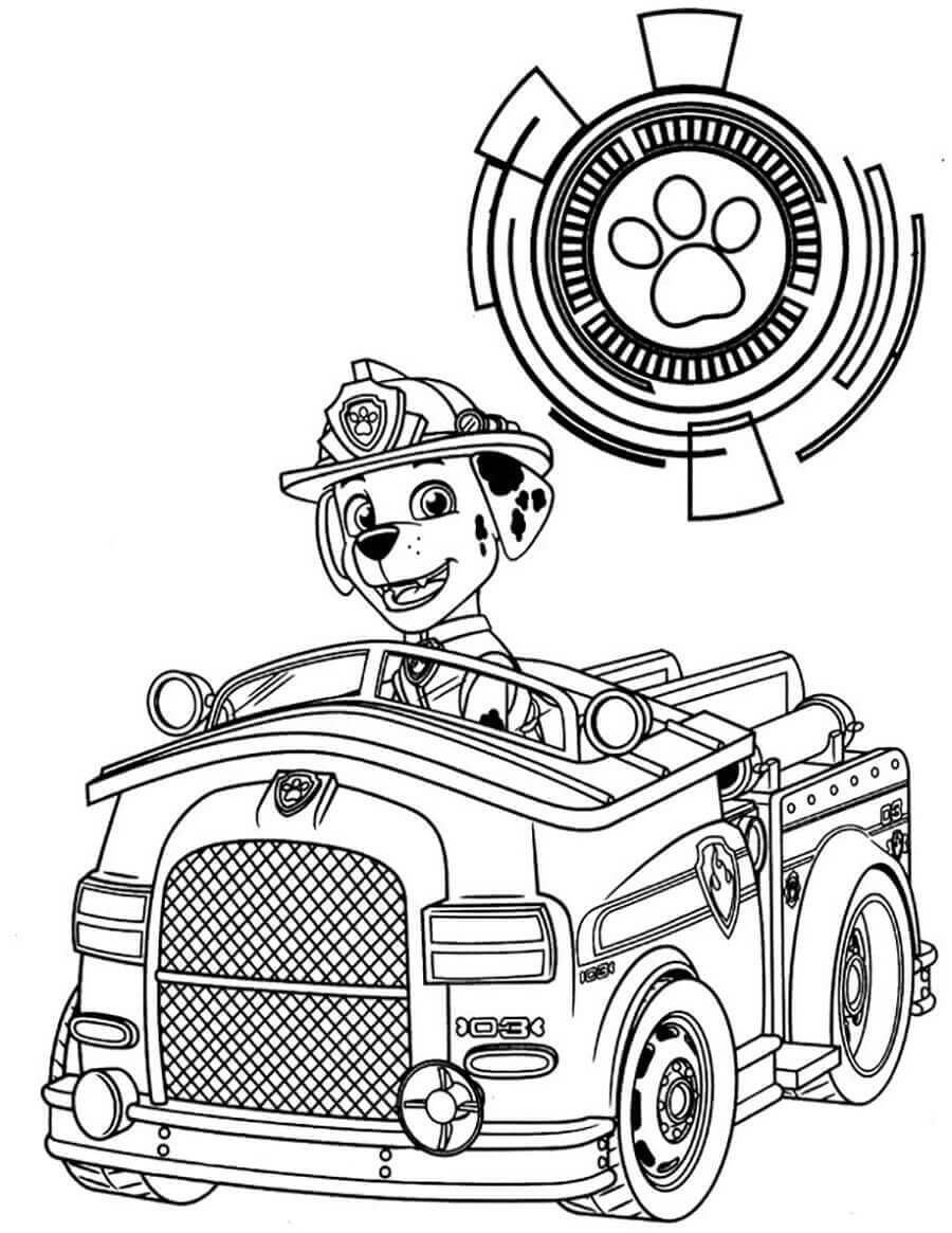 Dibujo de Marshall Paw Patrol en Coche para Colorear