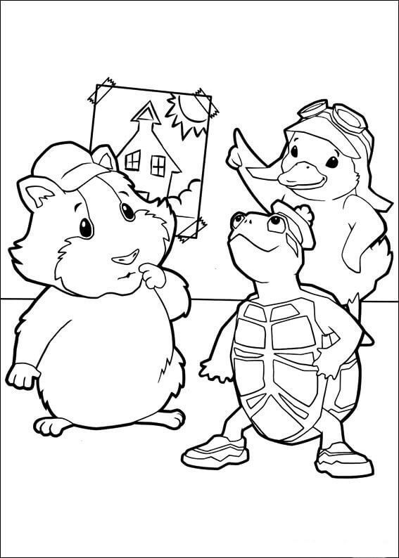 Dibujo de El Patito Ming Ming Turtle Tuck y Linny el Conejillo de Indias para Colorear