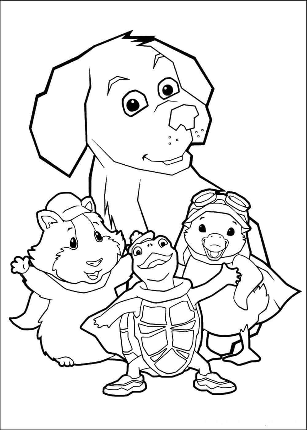 Dibujo de Perro y Tres Mascotas Maravillosas para Colorear