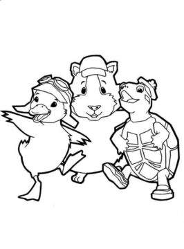 Dibujo de Tres Mascotas Maravillosas Caminando para Colorear
