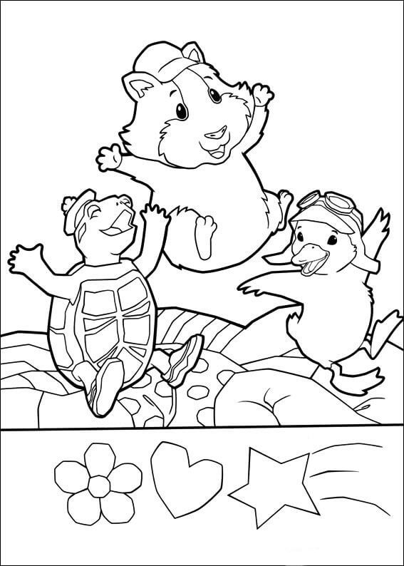 Dibujo de Tres Mascotas Maravillosas Saltando para Colorear
