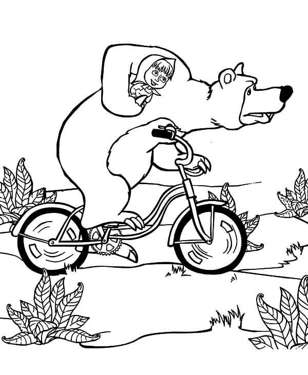 Dibujo de Bicicleta de Montar Masha con Oso para Colorear