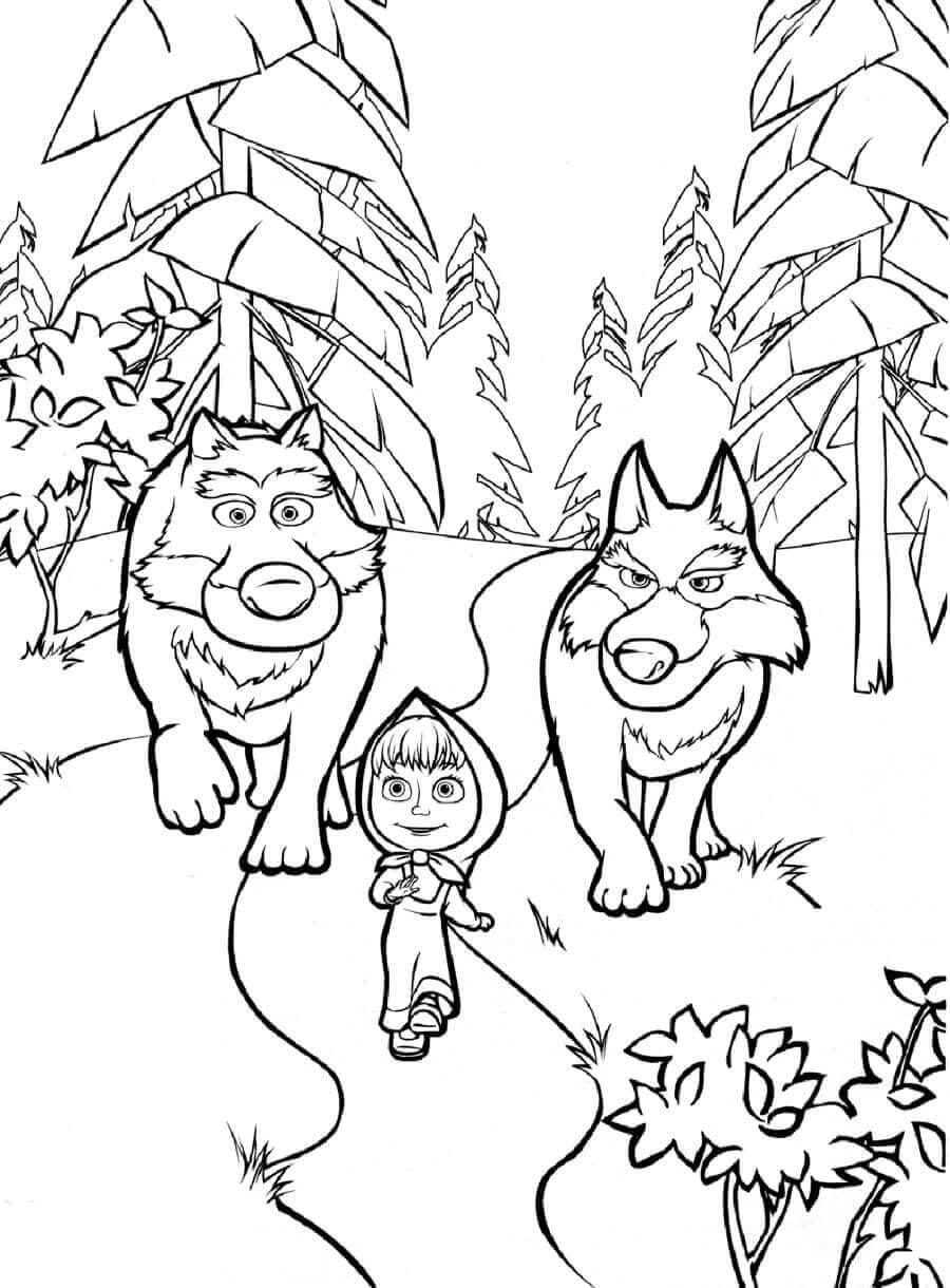 Dibujo de Masha y Dos Lobos para Colorear