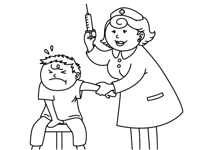 Dibujo de El Paciente Se Asusta por el médico de la Inyeccion para Colorear
