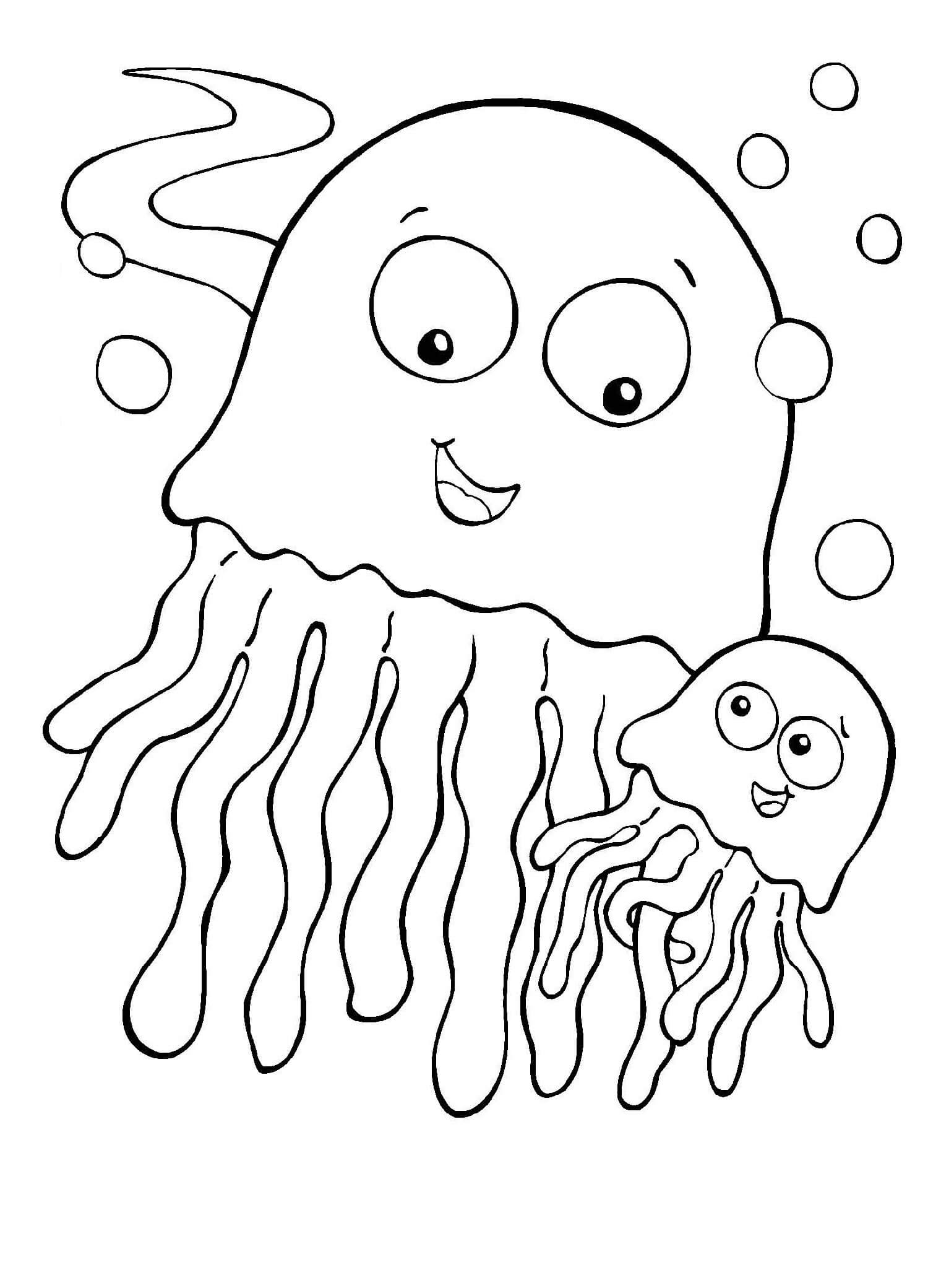 Dibujo de Madre e Hijo Jellyfish para Colorear
