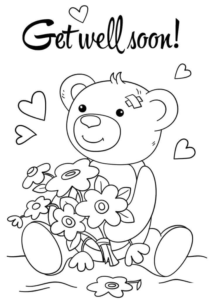 Dibujo de Que Te Mejores Pronto Peluche y Flor para Colorear