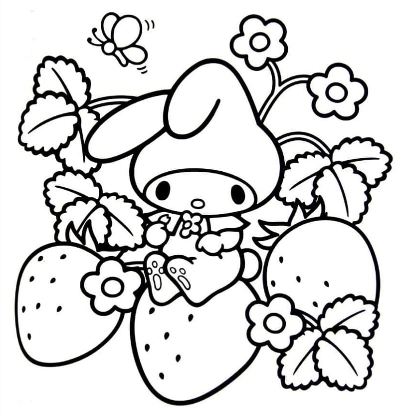 Dibujo de Para Colorear de My Melody con Fresas para Colorear