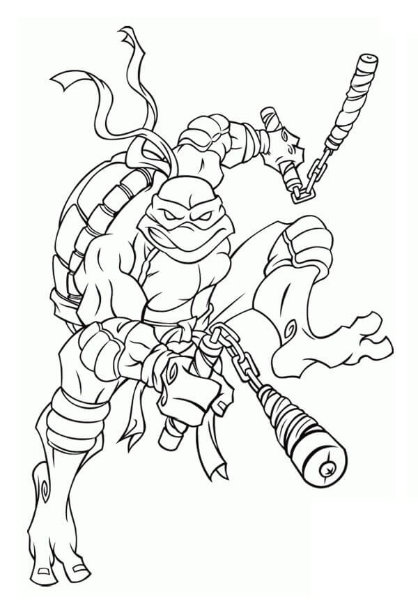 Dibujo de Acción Tortuga Ninja Miguel ángel para Colorear