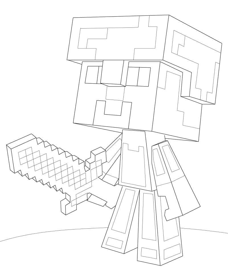 Dibujo de Chibi Steve con Espada para Colorear
