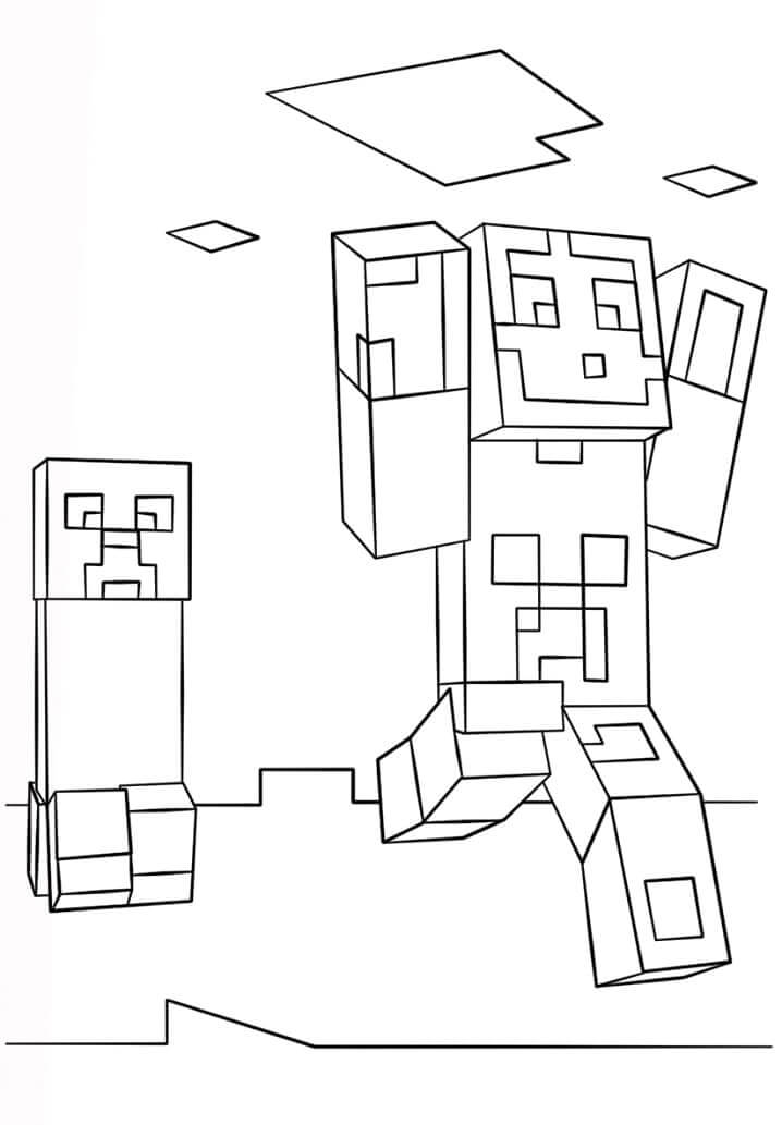 Dibujo de Creeper y Steve Corriendo para Colorear