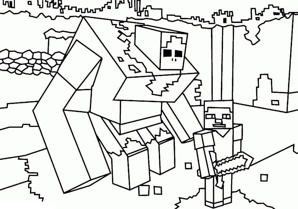 Dibujo de Golem de Hierro Zombi y Steve para Colorear