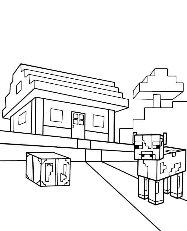 Dibujo de Granja y Vaca de Minecraft para Colorear