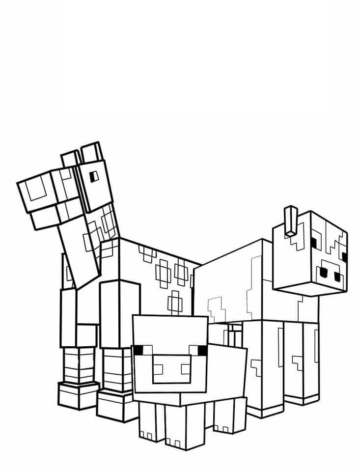 Dibujo de Minecraft Tres Animales para Colorear