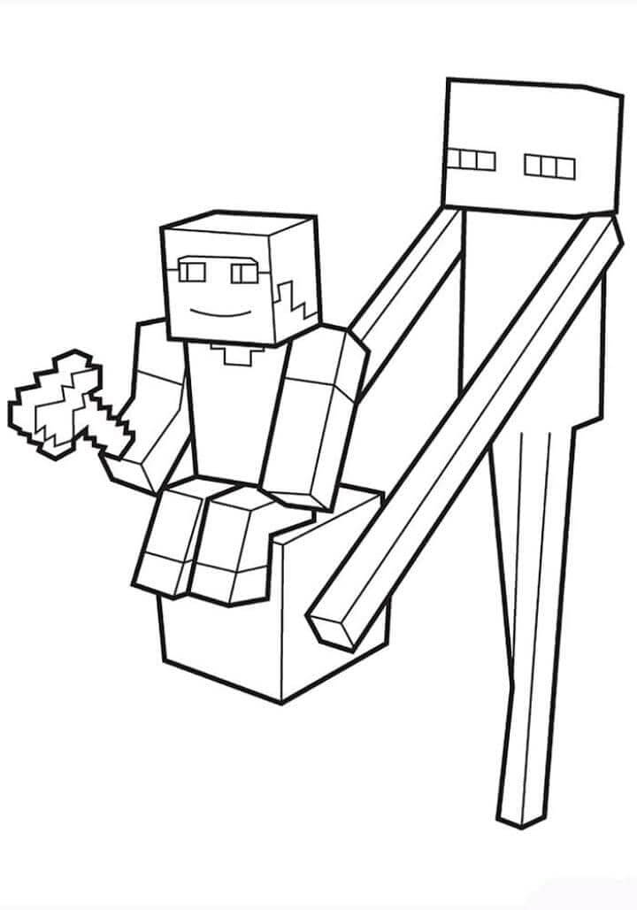 Dibujo de Steve con Enderman Divertido para Colorear