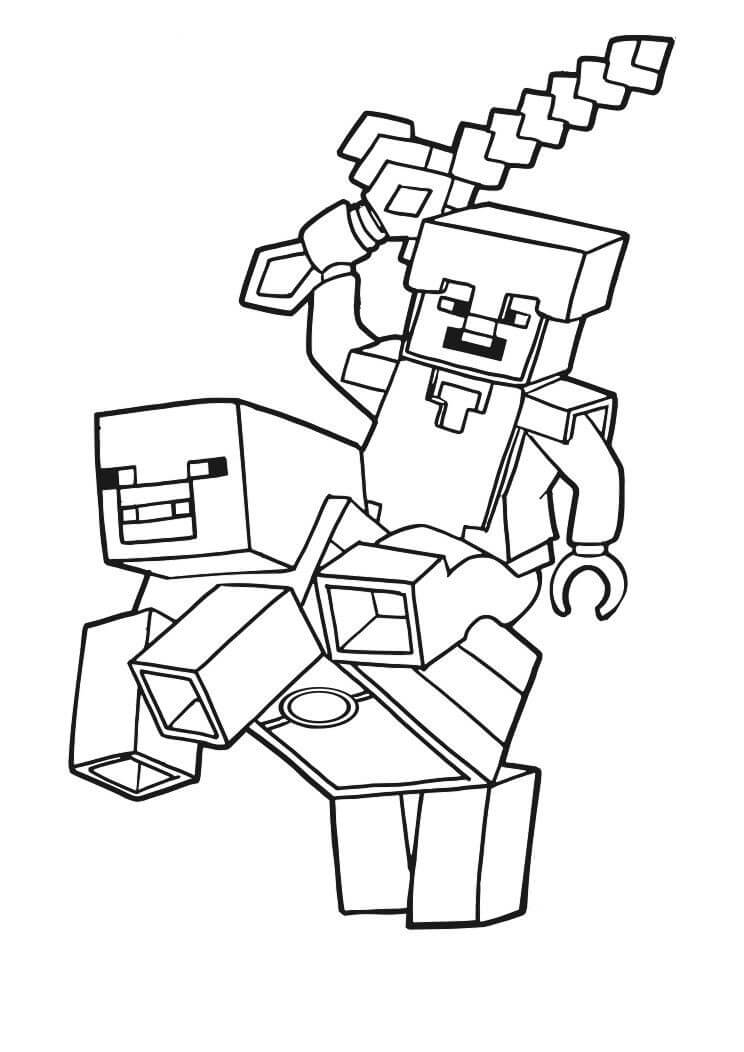 Dibujo de Steve Montando un Cerdo y Sosteniendo una Espada para Colorear
