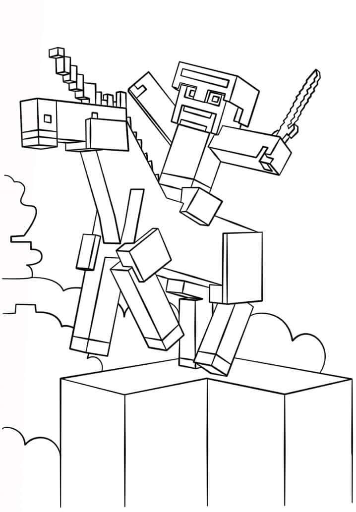 Dibujo de Steve Montando Unicornio para Colorear