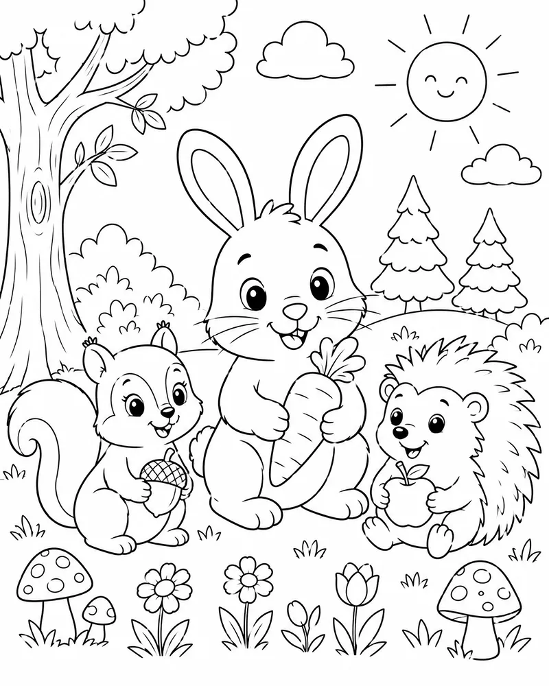 Dibujo de Ardilla Conejo y Erizo página para Colorear