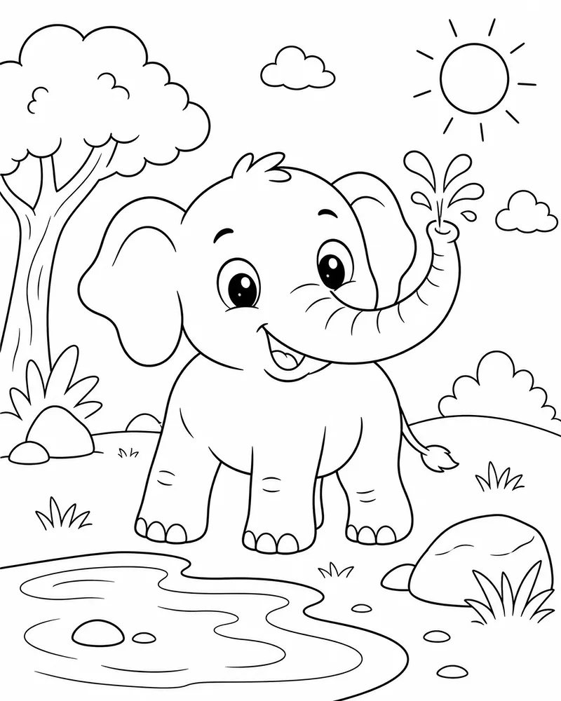 Dibujo de Elefante bebé y Jirafa página para Colorear