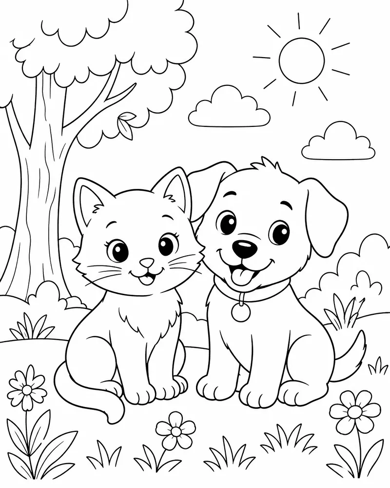 Dibujo de Mini Gatito y Cachorro página para Colorear