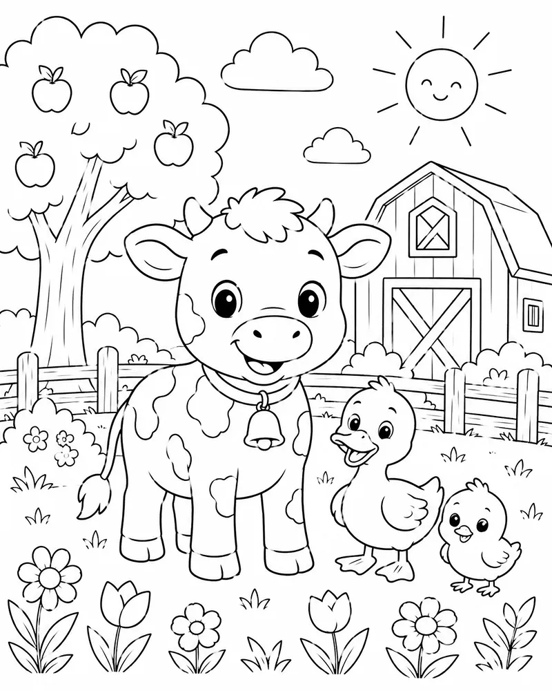 Dibujo de Ternero y Pato de Granja página para Colorear