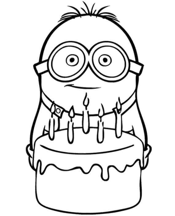 Dibujo de Minion Tenencia Torta de cumpleaños para Colorear