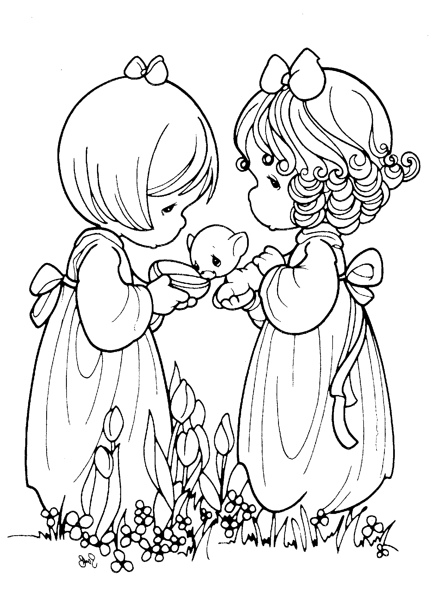 Dibujo de Dos niña Alimentando al Cachorro para Colorear