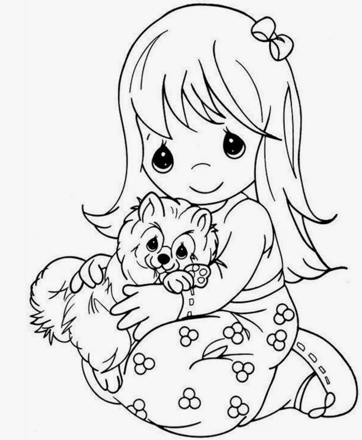 Dibujo de Niña Abrazar Perrito para Colorear
