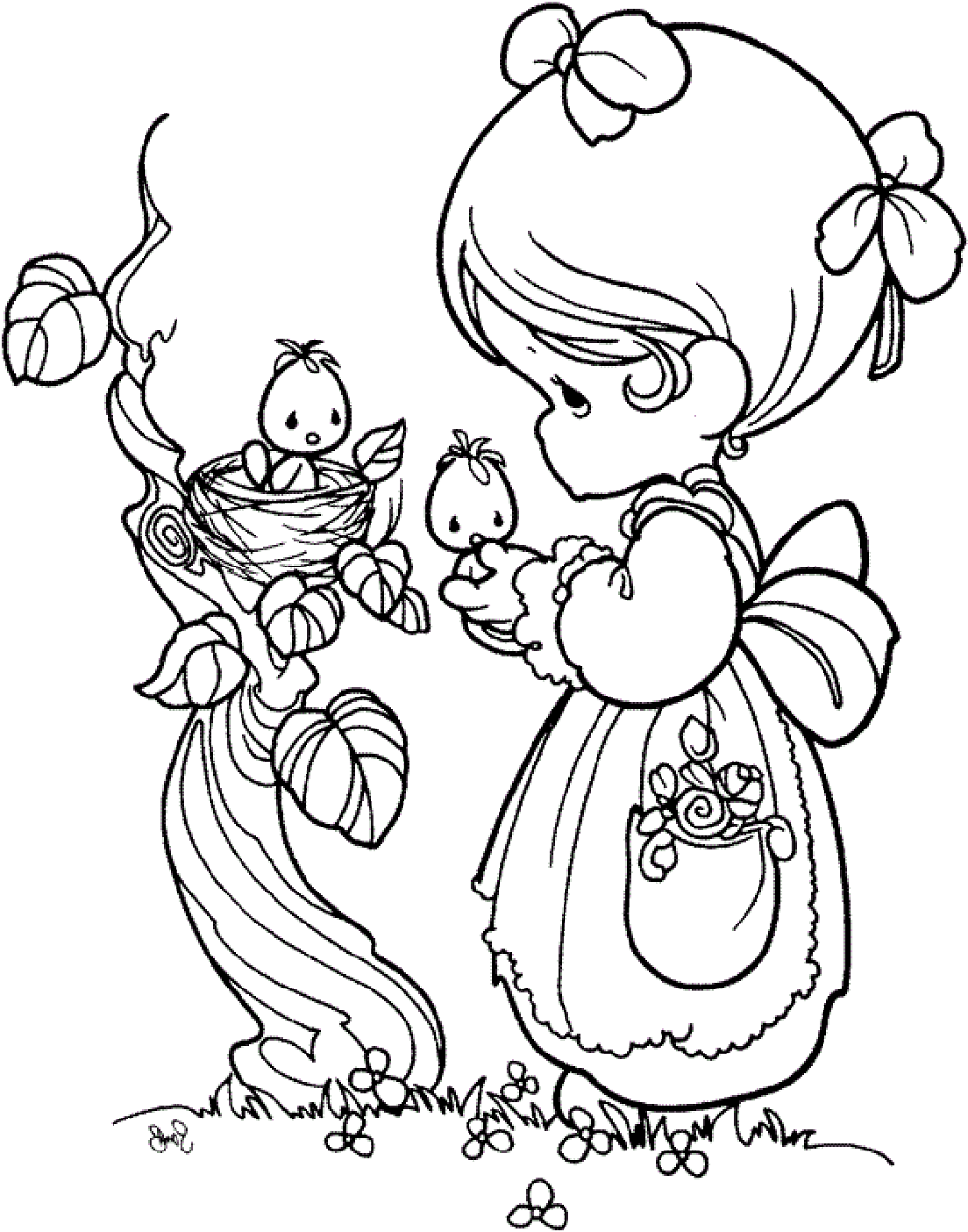 Dibujo de Niña y Pajaritos para Colorear