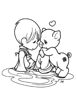 Dibujo de Niño y Cerdito para Colorear