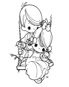 Dibujo de Niño y niña Jugando Columpio para Colorear