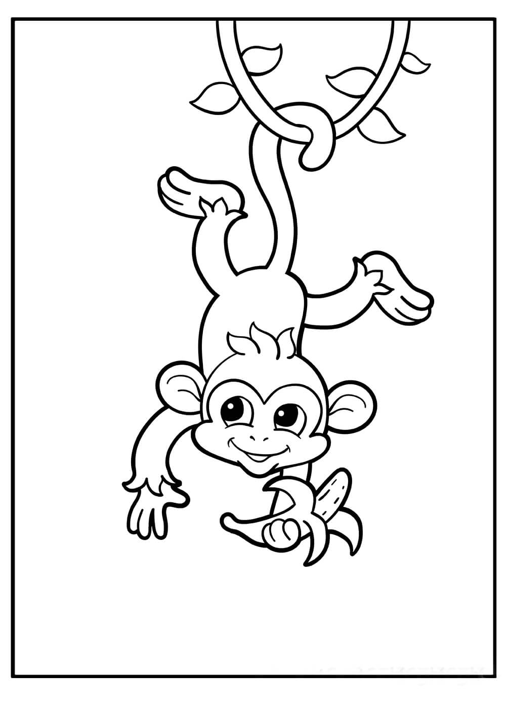 Dibujo de Mono Sostiene Platano y Cuelga Boca Abajo de un árbol para Colorear