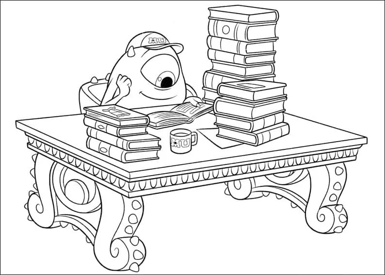 Dibujo de Mike Wazowski Studying Coloring Page para Colorear