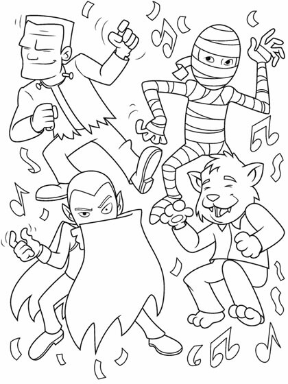 Dibujo de Cuatro Monstruos Bailan en Fiesta para Colorear