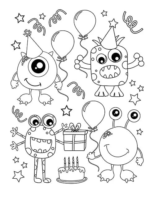 Dibujo de Cuatro Monstruos en Feliz cumpleaños para Colorear