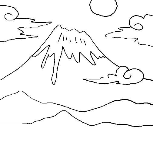Dibujo de Montaña Fuji y Sol para Colorear