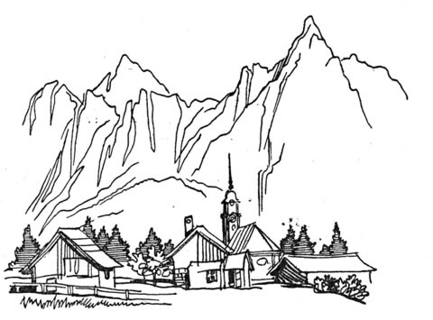 Dibujo de Pueblo al Pie de la montaña para Colorear
