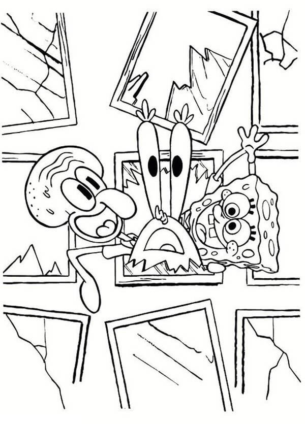 Dibujo de Bob Esponja y Calamar Ward Don Cangrejo Rompiendo el Vidrio de la Ventana para Colorear