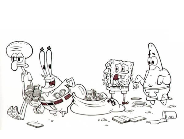 Dibujo de Don Cangrejo Se Va con Mucho Dinero en Krusty Krab para Colorear