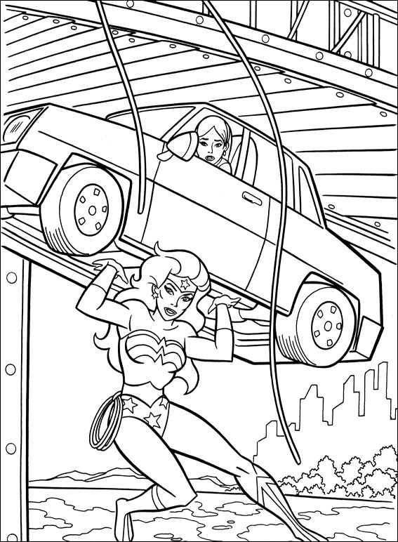 Dibujo de Mujer Maravilla Tenencia Coche para Colorear