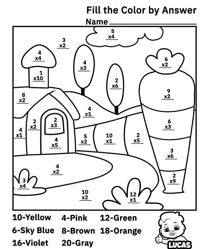 Dibujo de Hoja de Calculo de Multiplicacion Bonita Color por número para Colorear