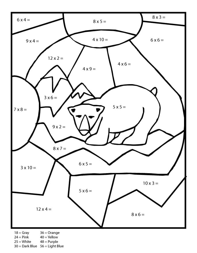 Dibujo de Multiplicacion de Osos Polares Color por número para Colorear