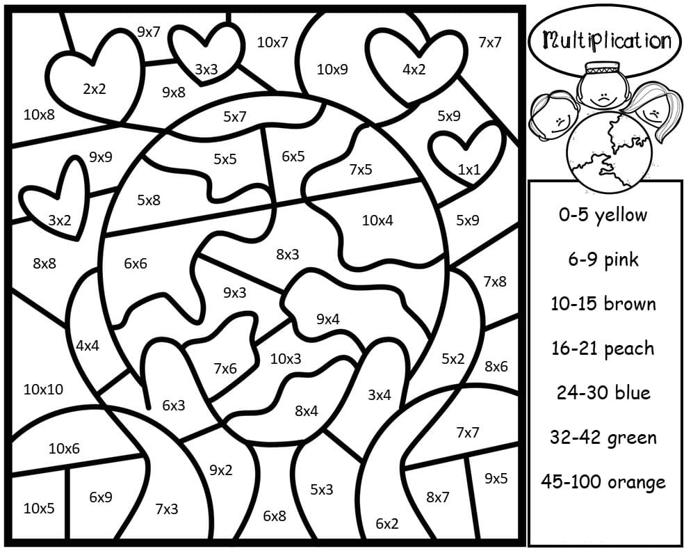 Dibujo de Multiplicacion del Globo Color por número para Colorear